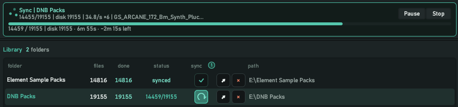 Sample Orbit: local libraries — folder sync with progress