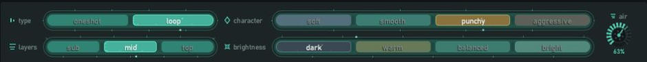 Sample Orbit filter bar: type, layers, character, brightness and the air knob