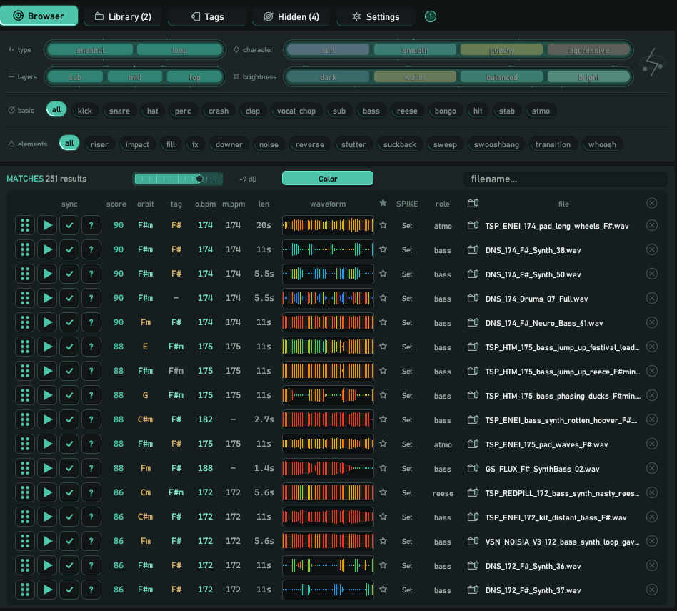 Match: filters, score, tonal key, BPM, and waveform