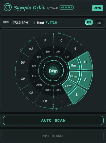 Sample Orbit CLAP bridge in FL Studio: OPEN, BPM, key wheel, AUTOSCAN, PUSH